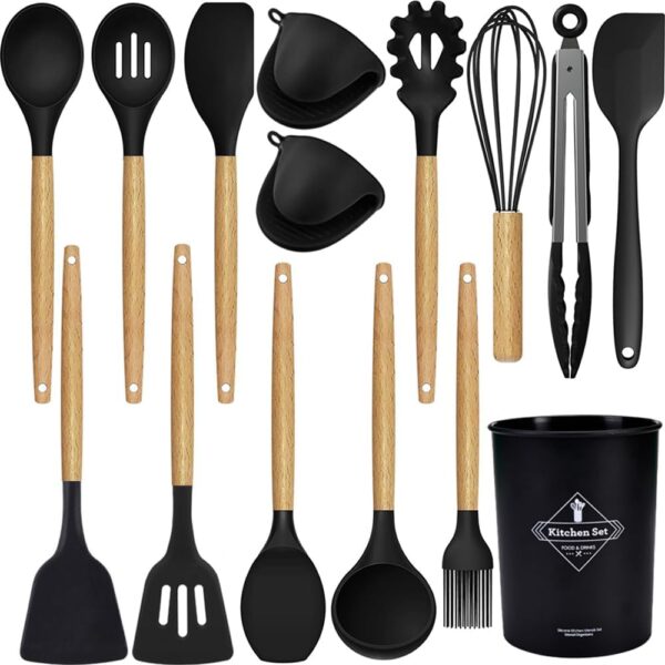 8% OFF ON15-Piece Silicone Wooden Handle Kitchen Utensils Set,